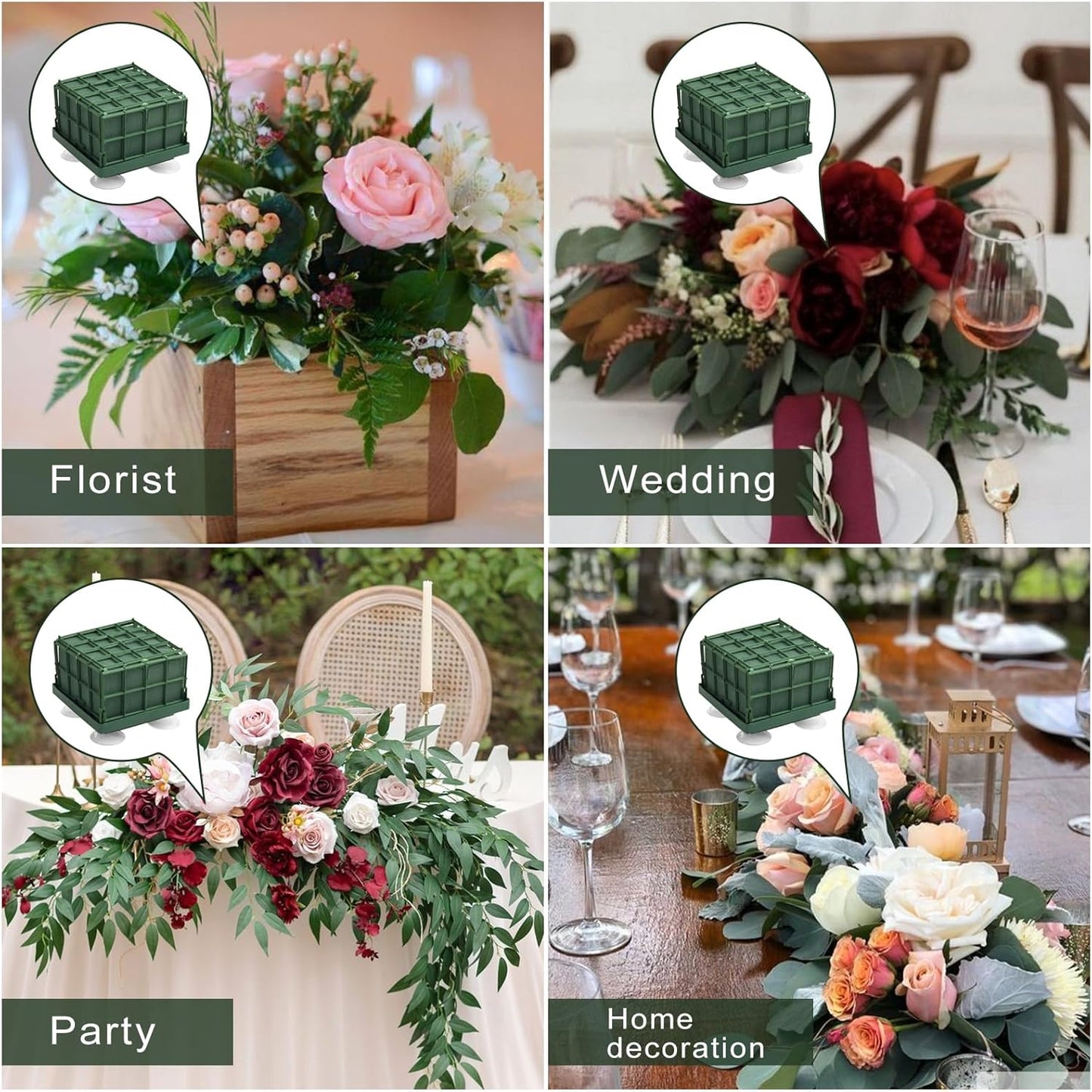 Krijues 4 Pcs Floral Foam Cage for Flowers for Christmas DIY Crafts, Square Flower Holder with Floral Foam for Fresh Flower Arrangement Decoration, Wedding, Interior and Garden 4.1 x 4.1 x 3.1 Inch