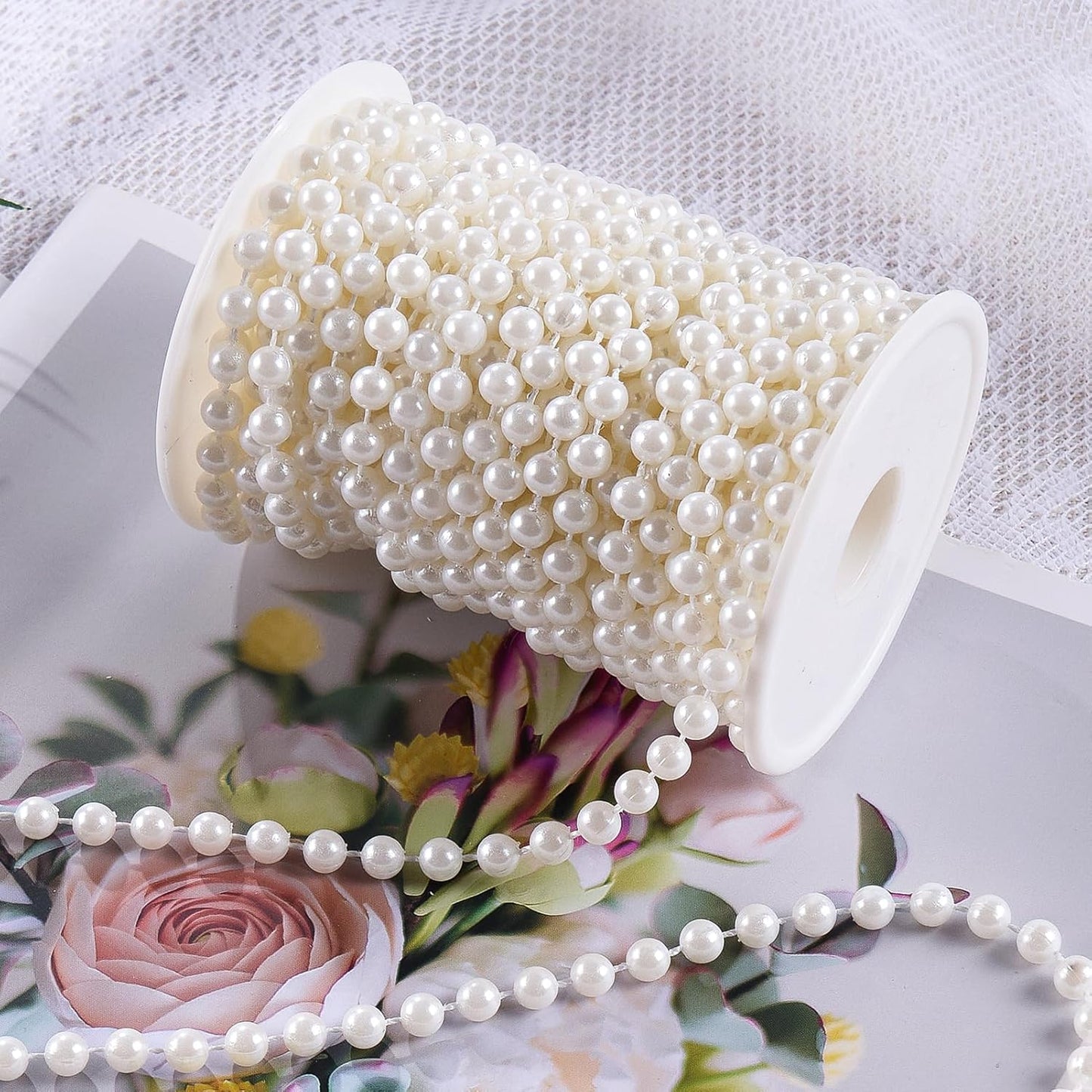 Craft String Pearls Bead 6MM, 33 Feet Ivory Fake Pearl Garland Beads Trim for Wedding Christmas Tree Decorations DIY