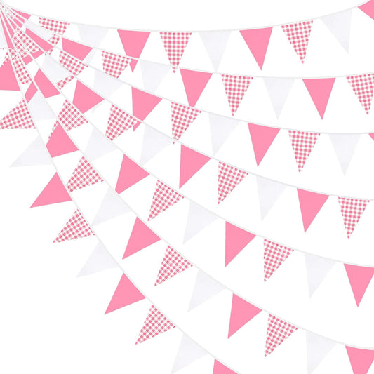32Ft Hot Pink Plaid Checkered Pennant Banner Fabric Gingham Triangle Flag Bunting Garland Streamers for Wedding Birthday Baby Shower Party Home Nursery Outdoor Garden Hanging Festivals Decoration