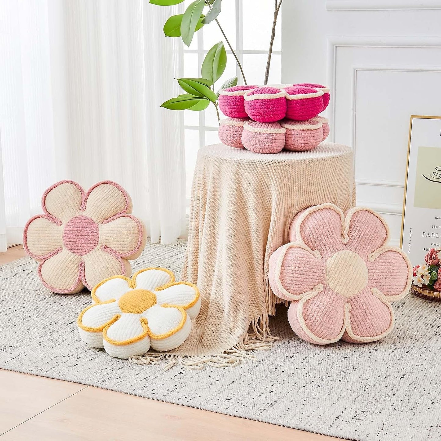 Flower Pillow, Soft Flower Decorative Throw Pillow, Cute Daisy Flower Shaped Seating Floor Cushion Room Décor Plush Pillows for Sofa Couch Bed (13.7 Inch, Hot Pink)