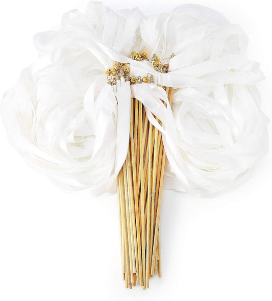 50pcs Ribbon Stick Wands Off White Streamers with Gold Bells for Wedding Party Favors for Guests