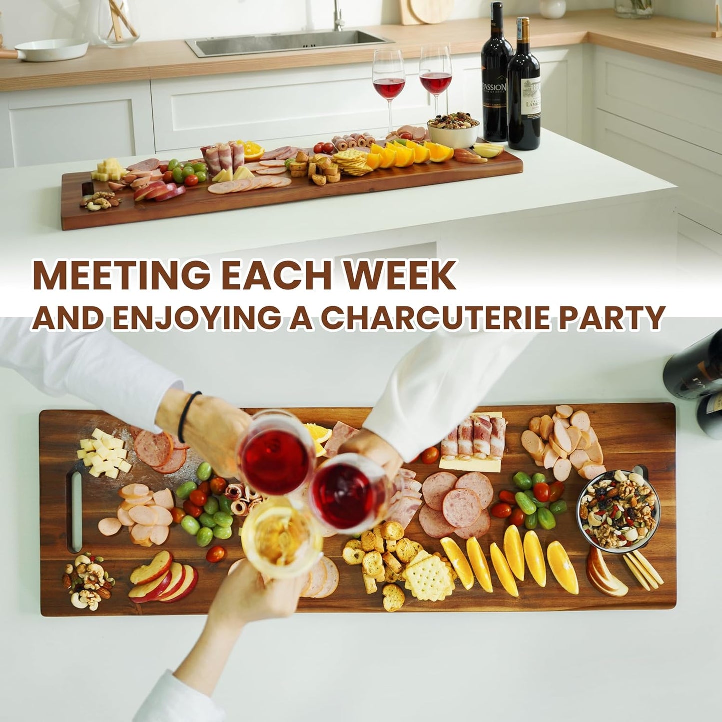 36" Large Acacia Wood Charcuterie Board with Handles - Extra Long Wooden Serving Cheese Boards - Rectangular Serving Platter for Meat Steak, Cracker Appetizers, Fruit Decorative Display Party