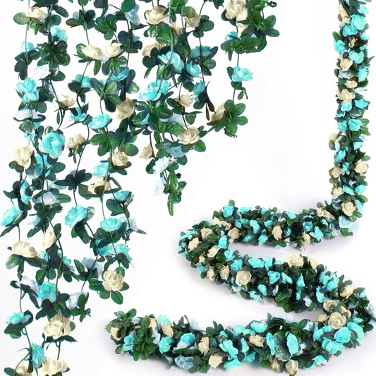 8 Pcs x 8.2 ft Flower Garland Artificial Rose Vine Flowers with Green Leaves Hanging Fake Roses Vine for Room Party Home Wedding Birthday Christmas Wall Arch Decor, White Blue Flower