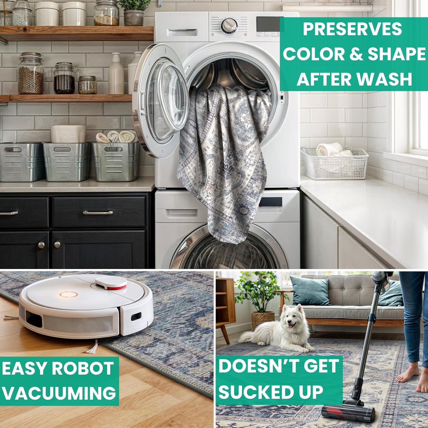 Bloom Rugs Washable Non-Slip 6' x 9' Rug - Blue/Beige Traditional Oriental Area Rug for Living Room, Bedroom, Dining Room, and Kitchen - Exact Size: 6' x 9'