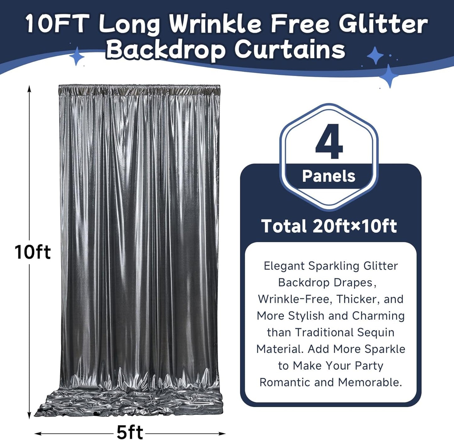 20ftx10ft Black Silver Glitter Sequin Backdrop Curtain for Parties, Wrinkle Free Sparking Backdrop Drapes, 4 Panels 5x10ft Shimmer Photo Back Drop Cloth for Wedding Birthday Photography