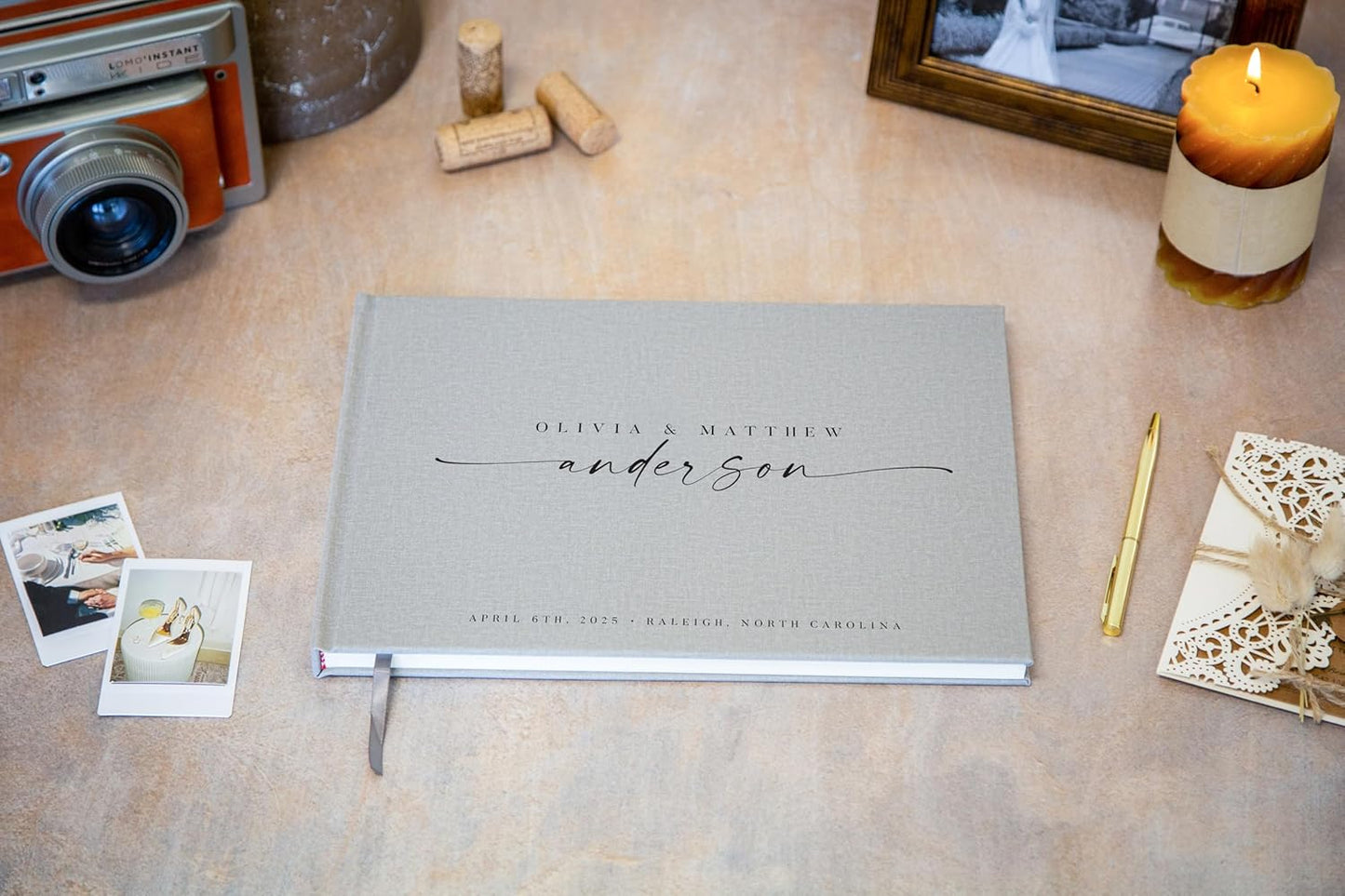 Personalized Guest Book - 11.5" x 8.5" Custom Bride & Groom Names with Bookmark and Hard Cover 140 GSM Blank Pages, for Weddings Guest Book, Engagements, Birthdays, Special Events, Gray