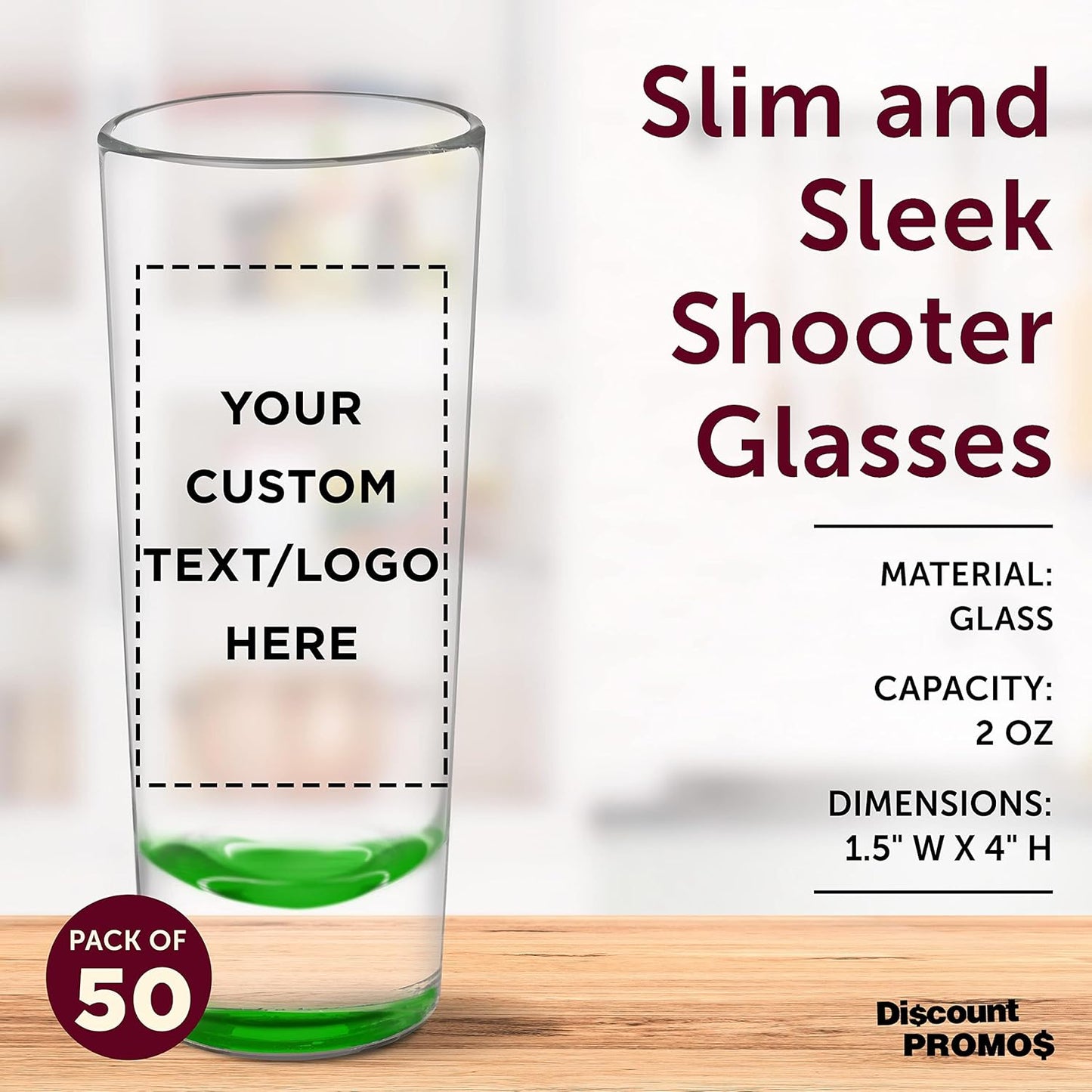 Custom Cordial Shooter Shot Glasses 2 oz. Set of 50, Personalized Bulk Pack - Great for Birthdays, Parties, Indoor & Outdoor Events - Green