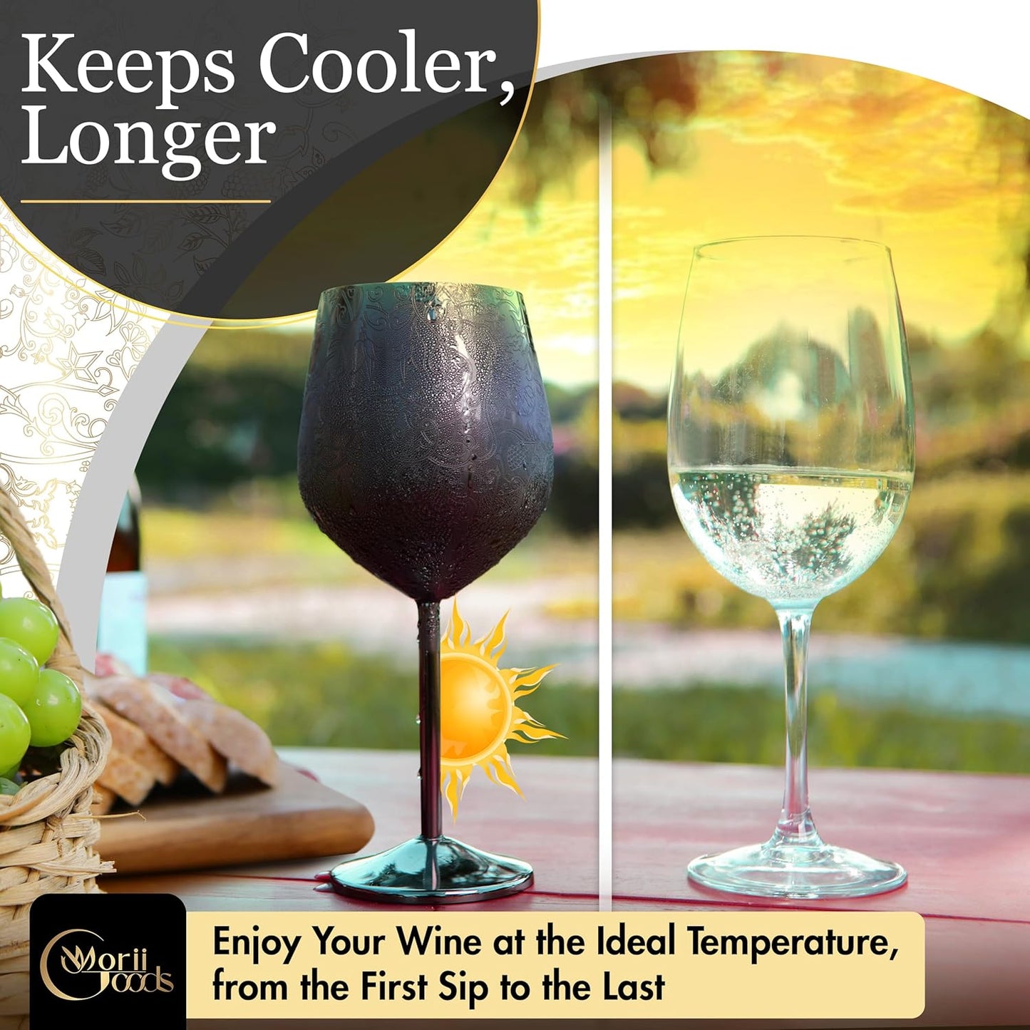 Stainless Steel Wine Glasses - Set of 2 Etched 16 oz Metal Goblets, Unbreakable Rose Gold Cups for Camping, Travel, Outdoor Events, Picnics, Luxury Wine Gifts for Women and Men