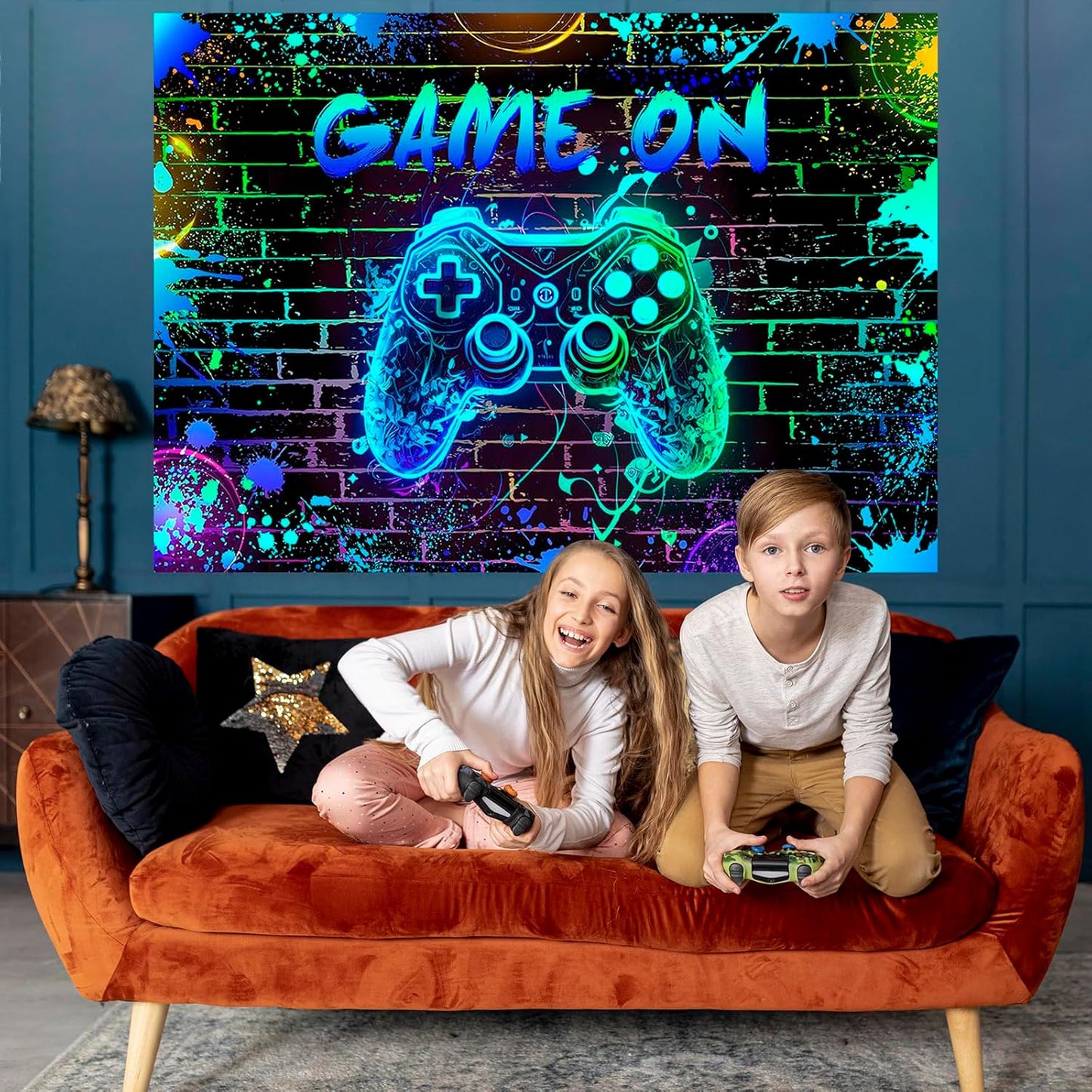 Mocsicka Game On Backdrop Video Game for Boys Level Up Birthday Party Decoration Game Night Arcade Neon Glow Gamer Banner Photography Background (Blue, 6x4ft(72"x48"))