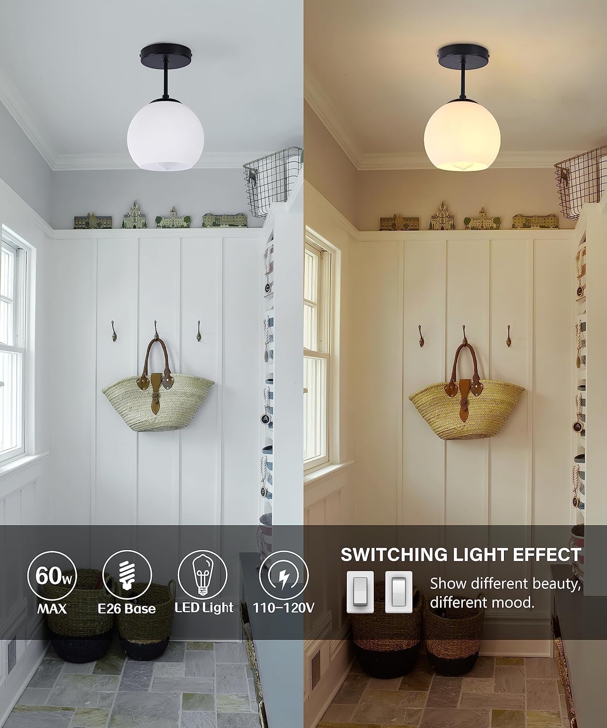 Black Semi Flush Mount Ceiling Light Fixture Milk Glass Light Fixture Mid Century Flush Mount Ceiling Light Black Flush Mount Ceiling Light Schoolhouse Light Fixture for Dining Room(Bulb Incl.)