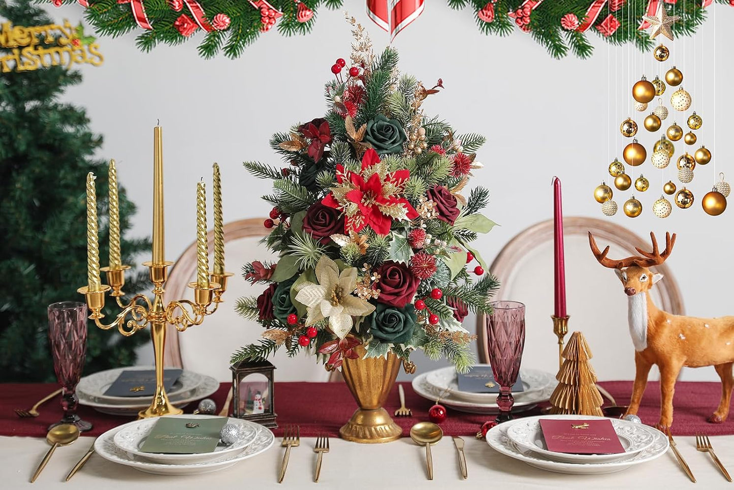 Serra Flora Artificial Christmas Flowers Greenery Combo Box Set Faux Flowers Bulk Flower Leaf with Stems for DIY Tree Ornaments Xmas Wreath Floral Arrangements Centerpieces