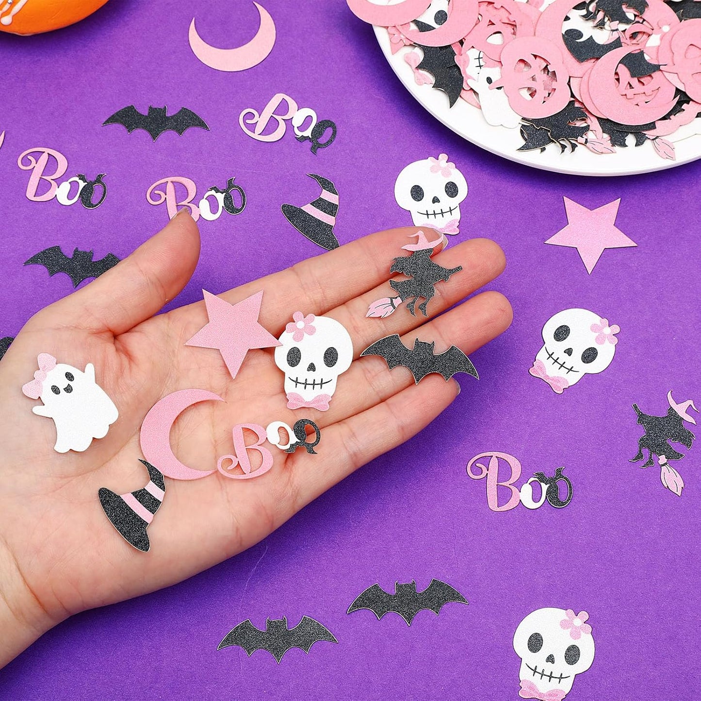 MARFOREVER Pink Halloween Confetti Glitter, Halloween BOO Witch Bat Pumpkin Ghost SkeletonTable Scatter Confetti Sprinkles for Halloween Birthday Party Supplies Decorations