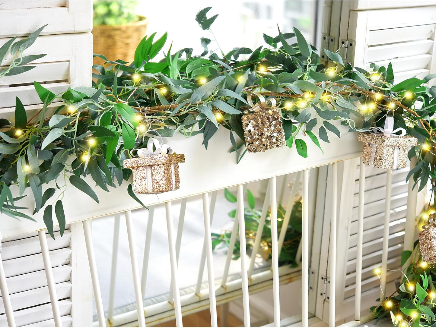 Artificial Willow Garland with Lights & Ornaments – 2-Pack Lighted Greenery Vine, USB Fairy Lights with Remote & Timer for Mantels, Weddings, Fireplace, Holidays, Parties & Everyday Home Decor