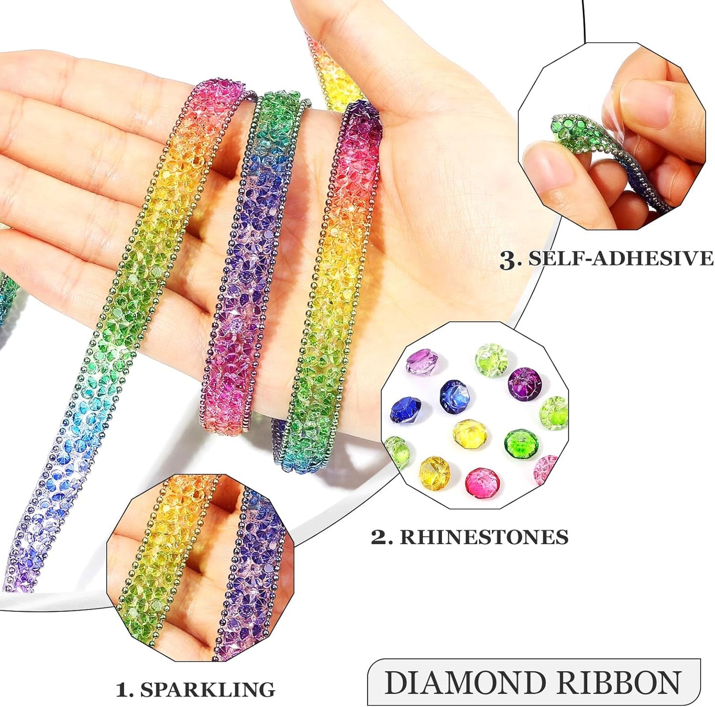 Rhinestone Ribbon 3 Yards Self Adhesive Rhinestone Strips Diamond Ribbon Sticker Crystal Roll Glitter Bling Rhinestones Tape for Crafting DIY Art Decoration (Rainbow,0.4 Inch)