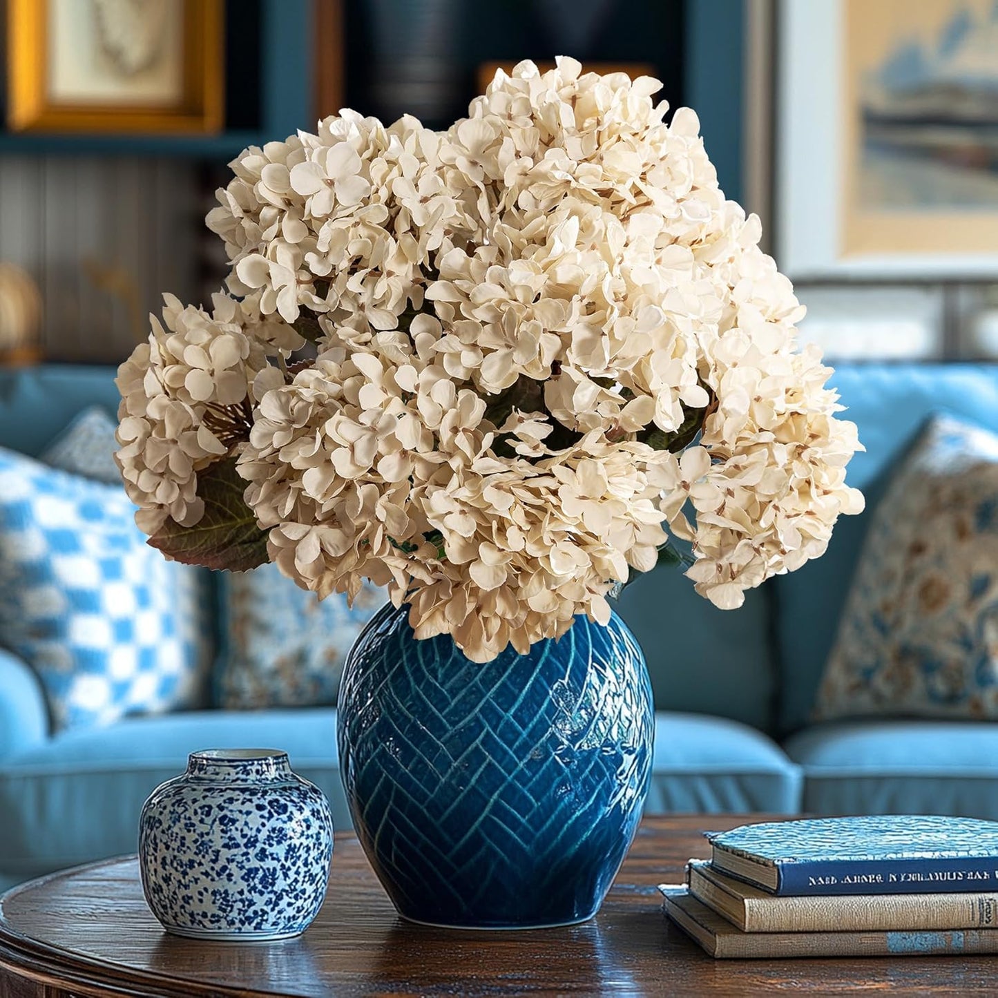 Artificial Flower Fake Silk Hydrangea Heads Bouquet with Stems Bulk for Fall Decoration Table Center Christmas Indoor Outdoor Faux Floral Realistic with Leaves Plants Crafts 8PCS(White)