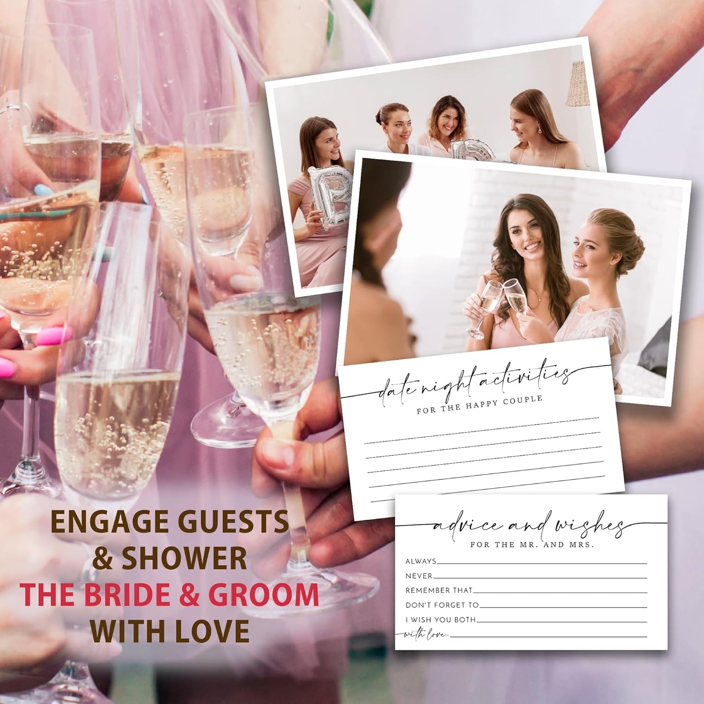 Minimalism Advice and Wishes for the Mr and Mrs - 50 Packs Wedding Advice Cards Bridal Shower Game Cards with Box Reception Guest Book for Bride Groom Newlywed Engagement Party Decoration -A03