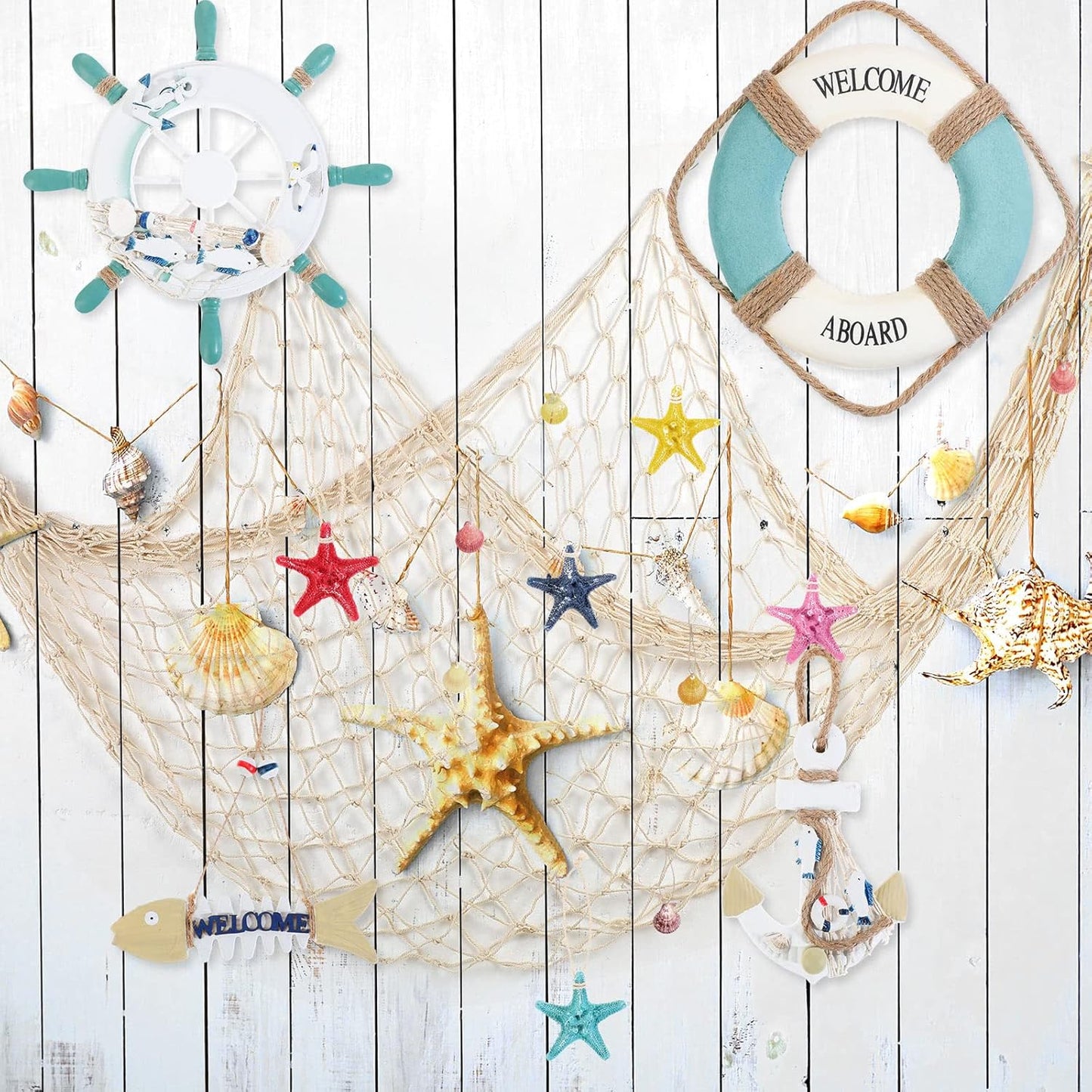 11 Pcs Wooden Nautical Wall Decor Fishing Net Decorations, Include Decorative Fishing Net, Ship Wheel, Fish Skeleton, Life Ring, Anchor, Starfish Beach Decor for Mediterranean Party (Wood Color)