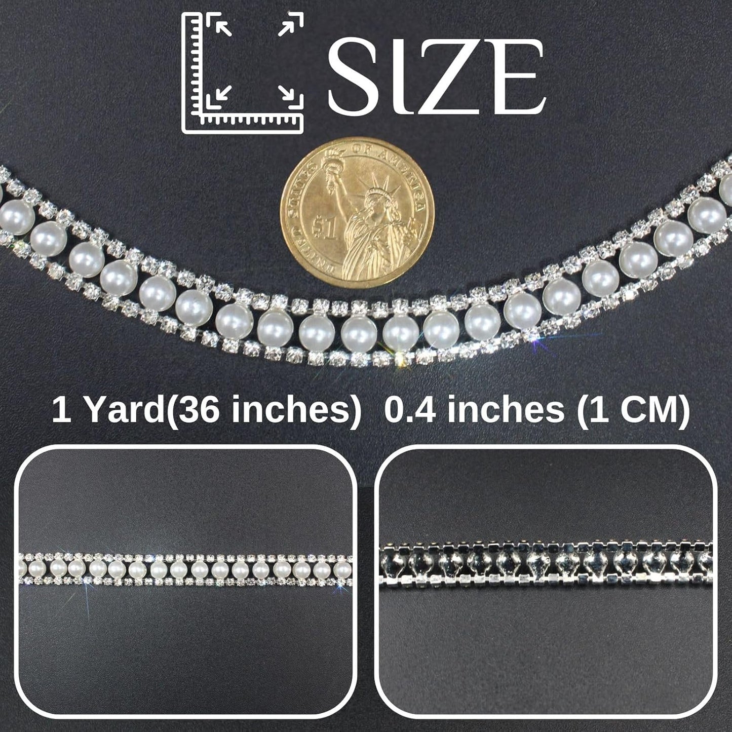 PEARLY JUN 1 Yard Pearl Rhinestone Trim Chain Silver Crystal Fringe Diamond Applique Ribbon String Tassel Strip (Silver-150, 1 Yard)