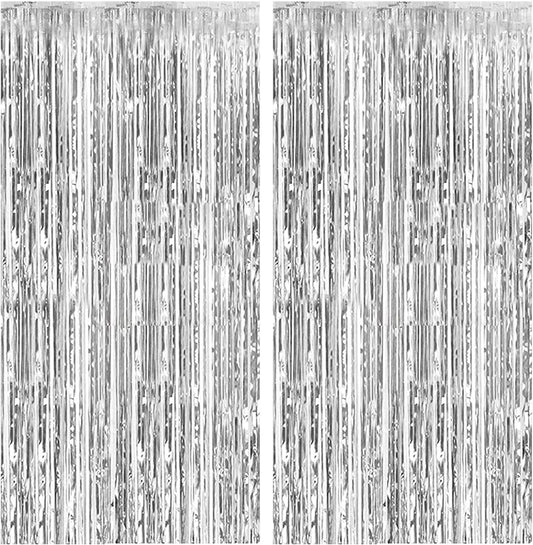 2 Pack Foil Curtain Backdrop Silver Metallic Tinsel Foil Fringe Curtains Photo Booth Props for Birthday Wedding Engagement Baby Shower Bachelorette Christmas Holiday Celebration Party Decorations