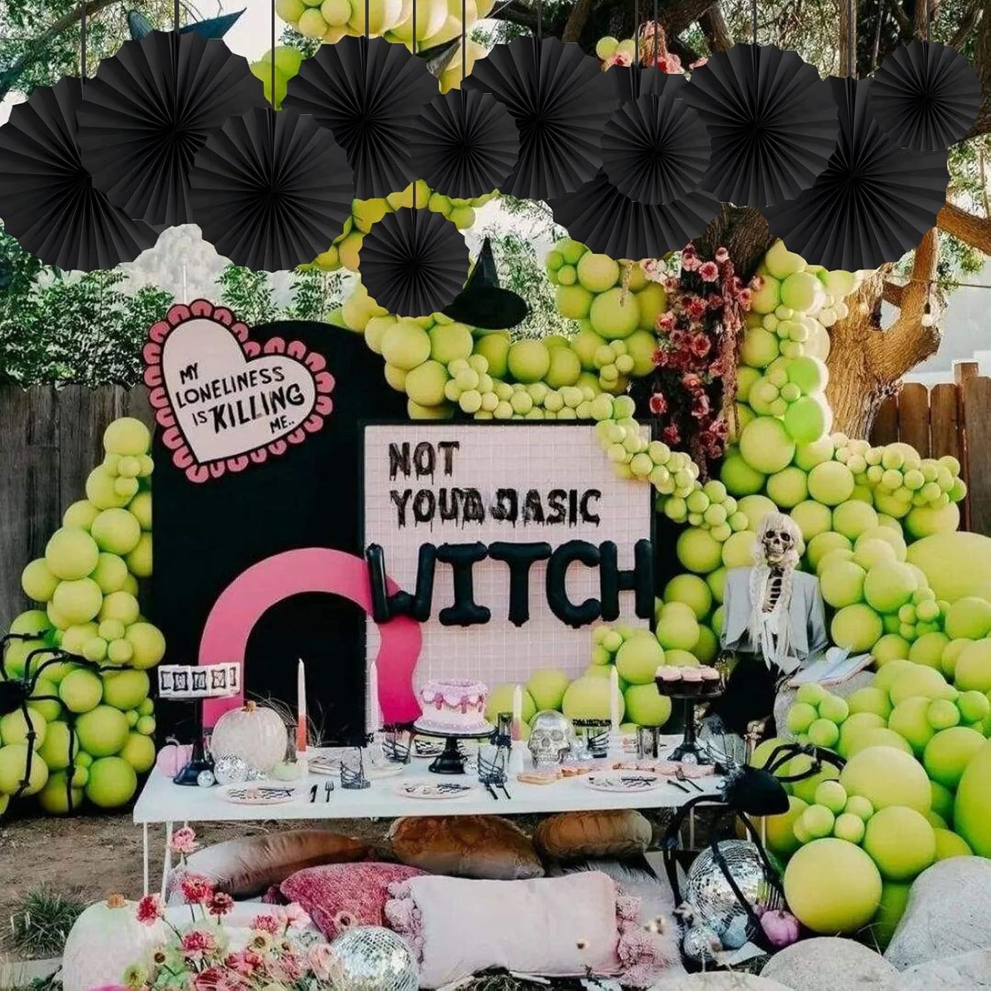 HQZ Black Party Hanging Fans DIY Set - 12pcs Set Pinwheels Fan DIY Paper Craft for Wedding, Birthday, Christmas Party Decoration