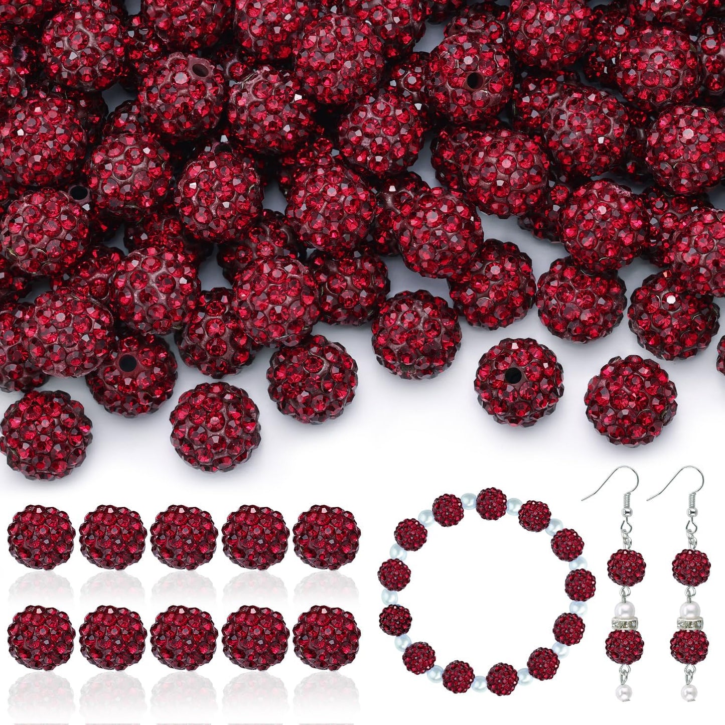 200pcs 10mm Rhinestone Beads for Jewelry Making, Dark Red Shiny Round Disco Ball Beads Bulk, Sparkle Crystal Clay Christmas for Bracelet Baseball Necklace Earring Crafting and DIY