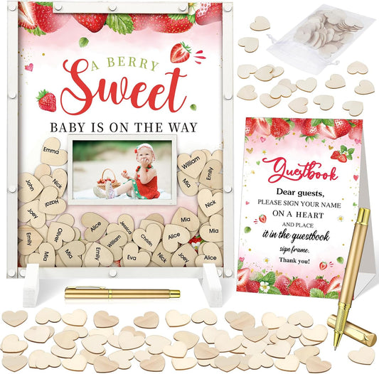 65 Pcs Strawberry Baby Shower Guest Book Berry Theme Baby Shower Decorations Alternatives He or She Gender Reveal Decorations Sign in Guest Book with Picture Frame and 60 Wooden Chip