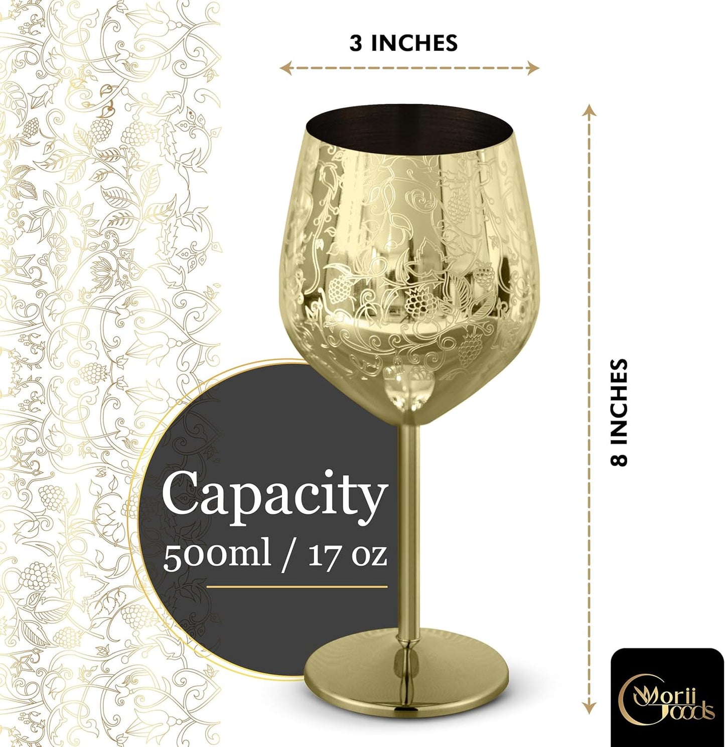 Stainless Steel Wine Glasses - Set of 2 Etched 16 oz Metal Goblets, Unbreakable Gold Cups for Camping, Travel, Outdoor Events, Picnics, Luxury Wine Gifts for Women and Men