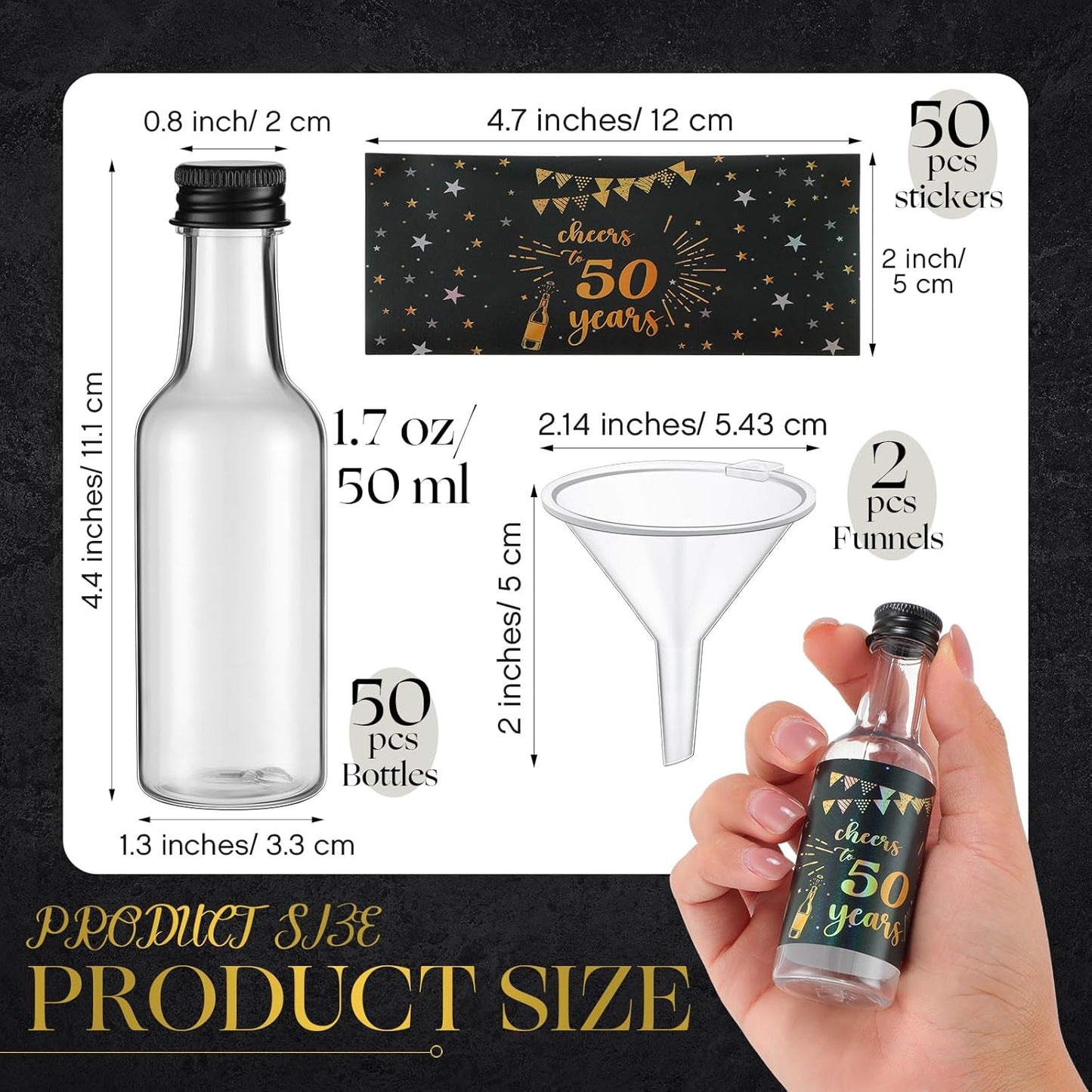 Vesici 50 Pack Mini Liquor Bottles 1.7oz Shot Mini Wine and Champagne Bottle Birthday Sticker with 2 Funnels Birthday Party Favor for Adult Guest Women Men Anniversary Celebration(Cheers to 50 Years)