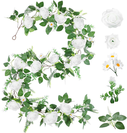 Naidiler Full Pretty White Rose Garland, 6.2FT Artificial Floral Vines Spring White Flower Garland for Wedding Arch Table Centerpiece Decor Home Backdrop Wall Valentines Decoration