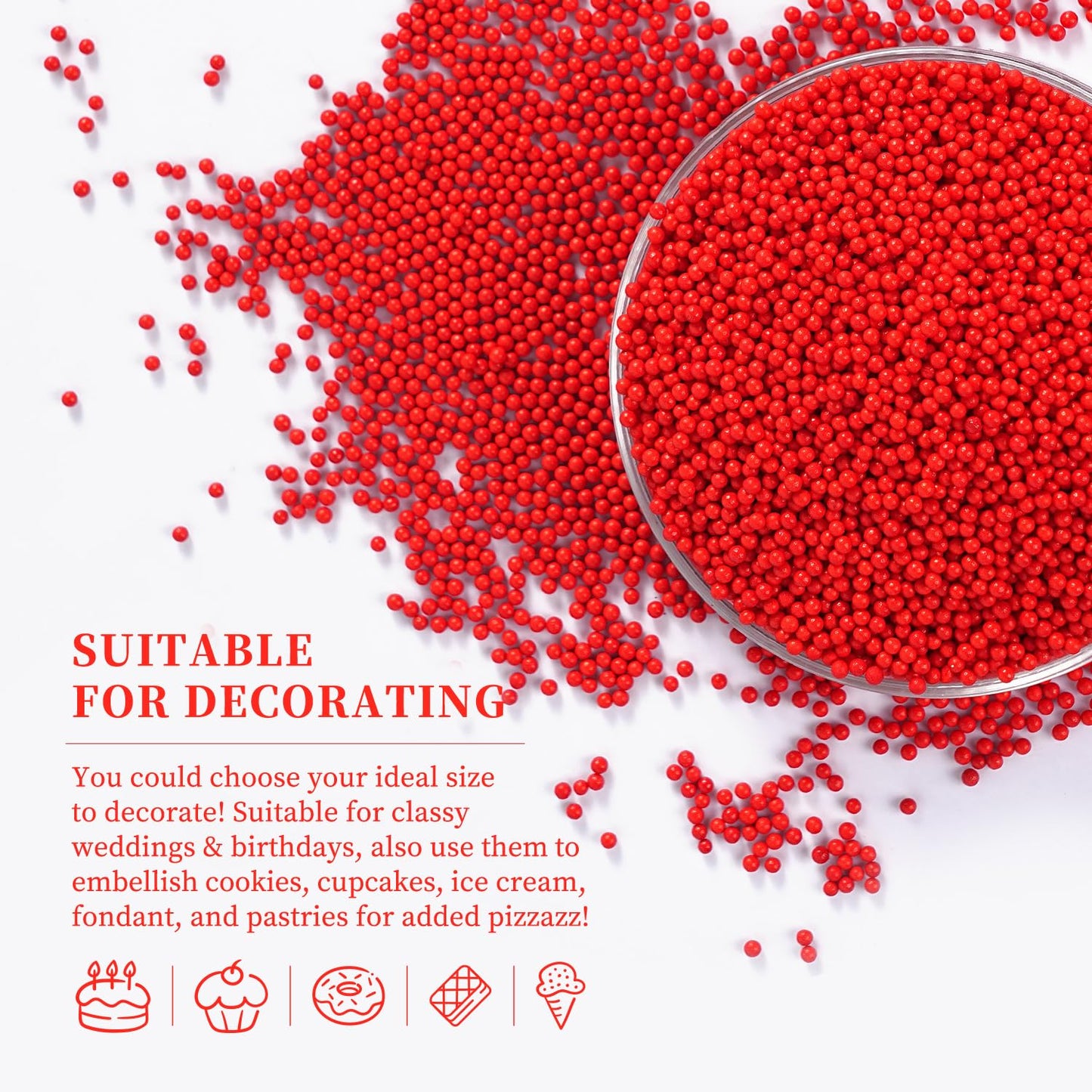 Edible Nonpareils Sprinkles, 2mm Red Pearls Sprinkles, Red Nonpareils Sprinkle for Birthday, Wedding, Valentines, 4th of July, Halloween, Christmas (4.23oz/120g)