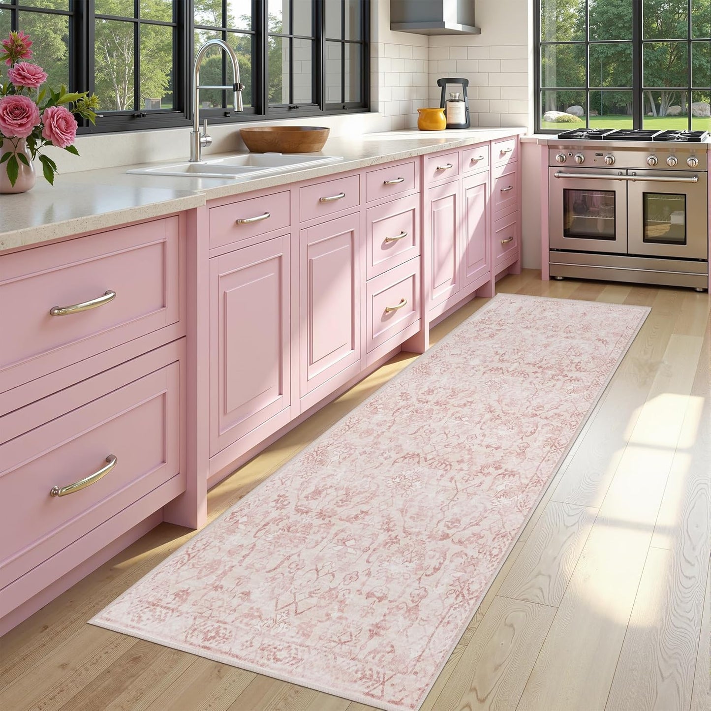 Pink 3x7 Runner Rug for Hallways Bed Side Kitchen, Boho Washable Distressed Low-Pile Floor Entryway Long Bathroom Mat, Non-Slip Laundry Room Washstand Front Carpet Green 36x84 Inch