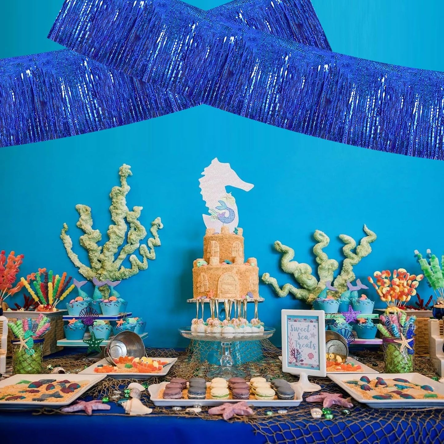 BEISHIDA 3 Packs Metallic Foil Fringe Garland Laser Blue Wall Hanging Tinsel Fringe Banners for Car Floats Bridal Shower Wedding Birthday Easter Graduation Holiday Party Decoration(30 Feet)