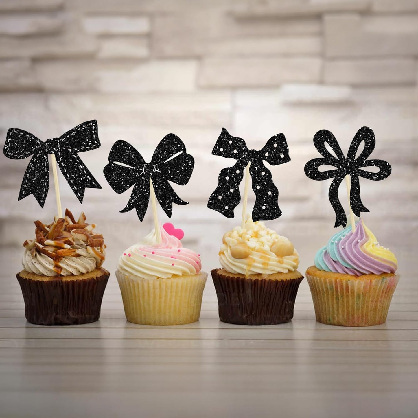 Ephlyn 24Pcs Bow Cupcake Toppers Bow Birthday Cake Topper Girls Birthday Party Decorations Bowknot Cupcake Decorations for Bridal Baby Shower Birthday Wedding Themed Party Black