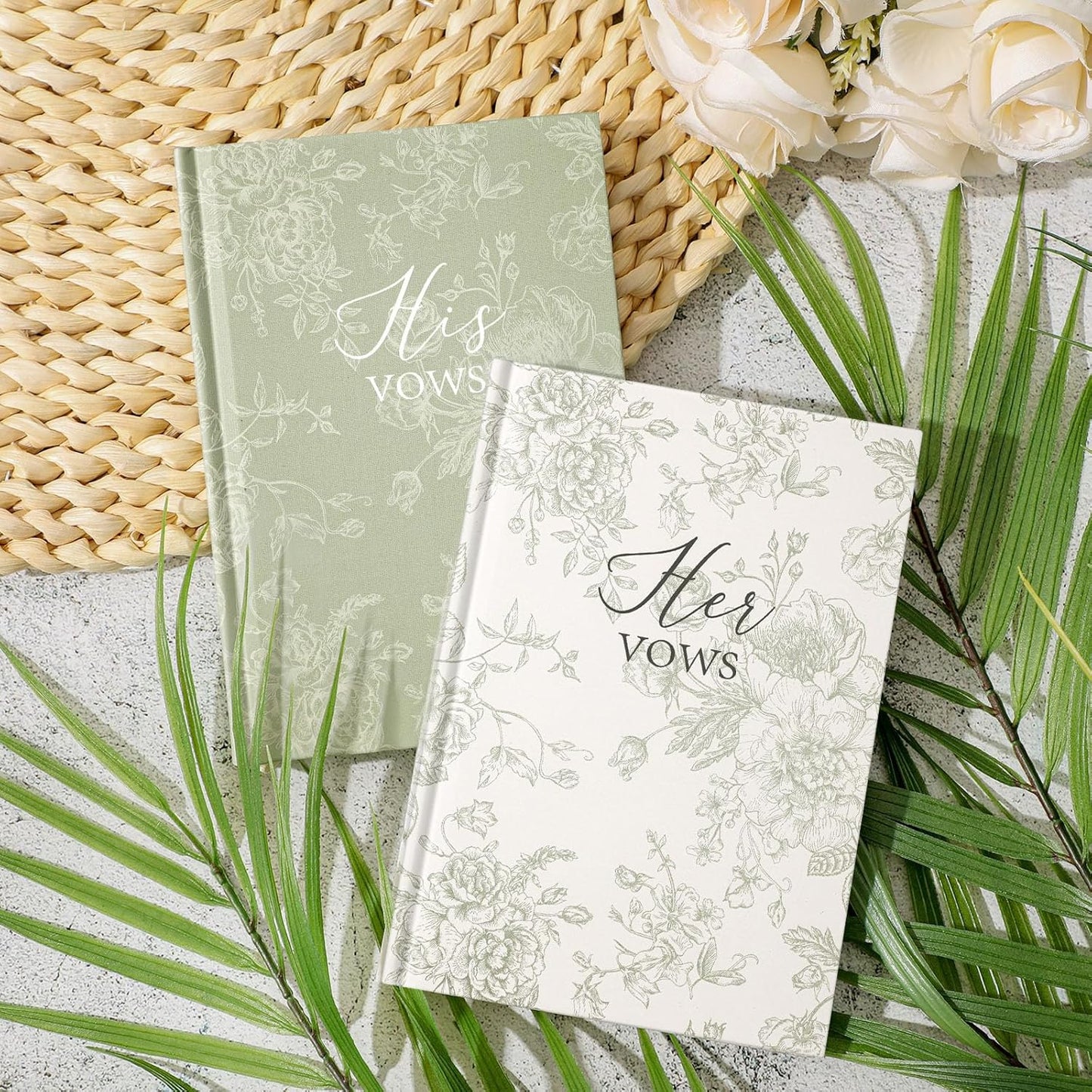 Set of 2 Vow Books His and Hers, Wedding Vow Books (6.06x4.17) Wedding Keepsake Essentials Elegant Bridal Shower Ceremony Gift Elopement Essentials(Green,Floral)