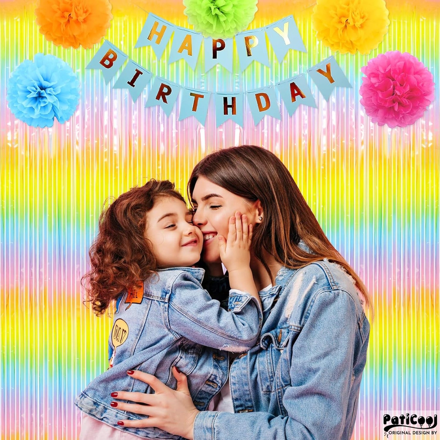 Easter Decorations Pastel Rainbow Streamers - Thicken 4 Pack 3.2 x 8.2 FT - Pastel Rainbow Foil Fringe Curtains, Pastel Backdrop for Birthday, Baby Shower, Spring Party Decorations