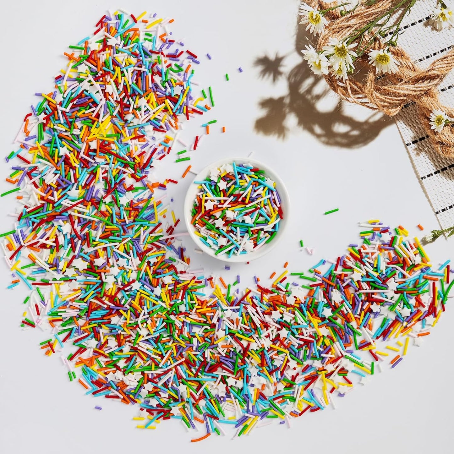 Edible Rainbow Sprinkles for Cake Decorating,White Stars Candy Mix Colored Jimmies,100g/3.53oz,Dessert Decorations,Cupcake,Cookies,Ice Cream Topper,Colorful Pastel Sprinkle for Cake Decorating,Perfect For Birthday Party,Festival Baking Supplies