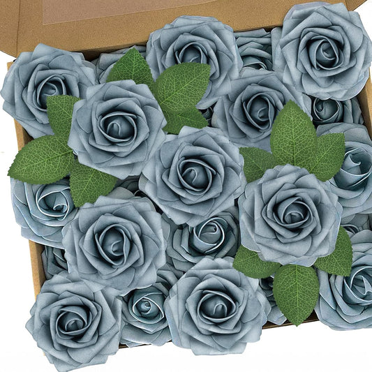 N&T NIETING Artificial Flowers, 25pcs Foam Roses Fake Flowers DIY Wedding Party Cake Decoration, Home Display, Dusty Blue Gray