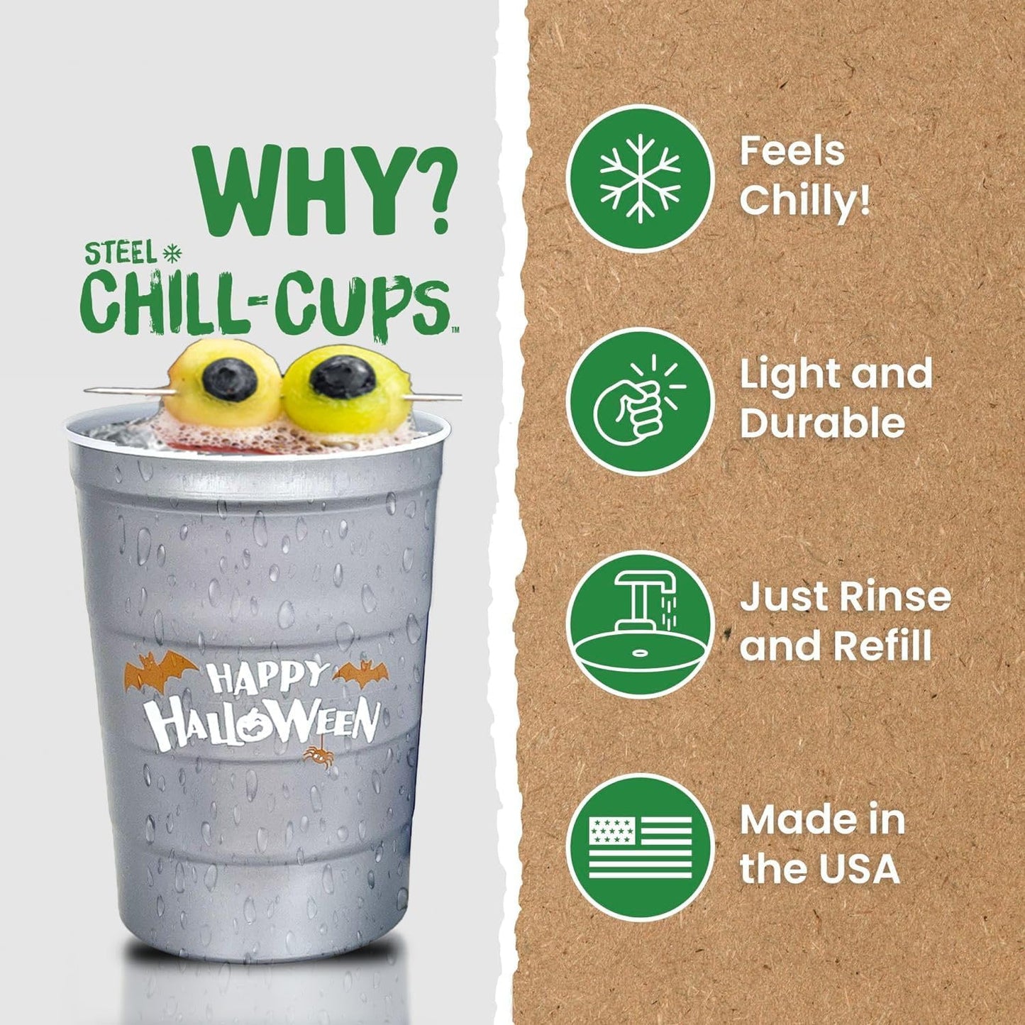 16 oz. Party Cups 'Happy Halloween' Ghost Design for Cold Drinks, Durable, Disposable, Recyclable, Made in USA, Gray, 12 Count