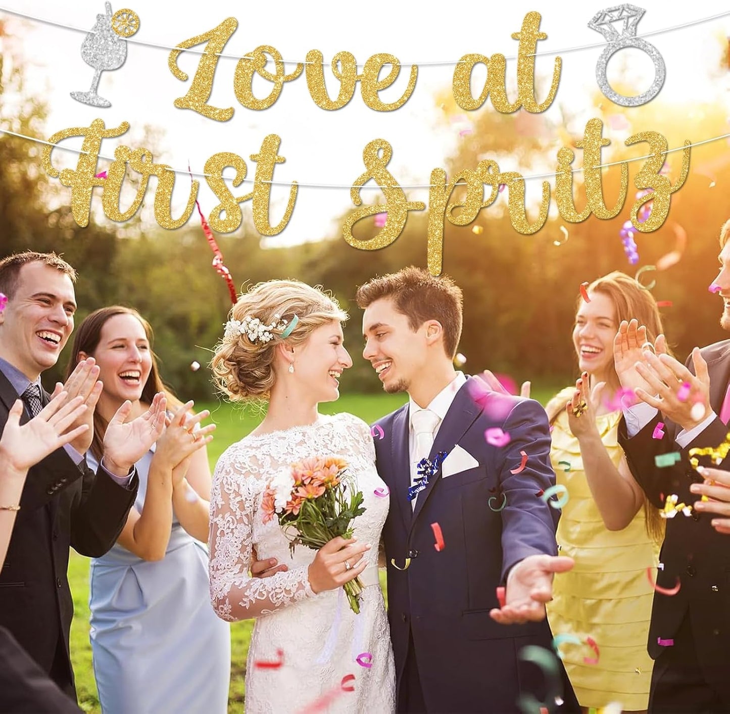 Love At First Spritz Wedding Banner - Bridal Shower Decorations, No Diy, Glitter Just Engaged Spritz Party Banners for Wedding/Engagement/Bachelorette Party Decorations Supplies, Gold.
