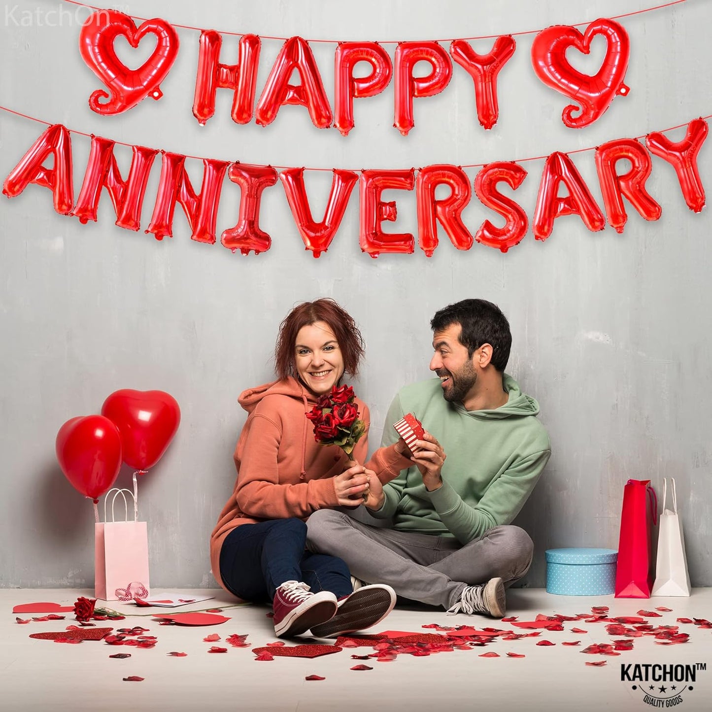 KatchOn 18 Inch Happy Anniversary Balloons Letters - Big Red Banner for Decorations | Heart Balloons for Party