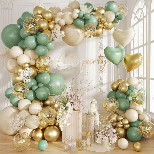 160Pcs Sage Green Gold Balloon Garland Arch Kit, Olive Green White Sand Gold Confetti Balloon with Heart Foil Balloons for Baby Shower Birthday Wedding Engagement Party Decorations