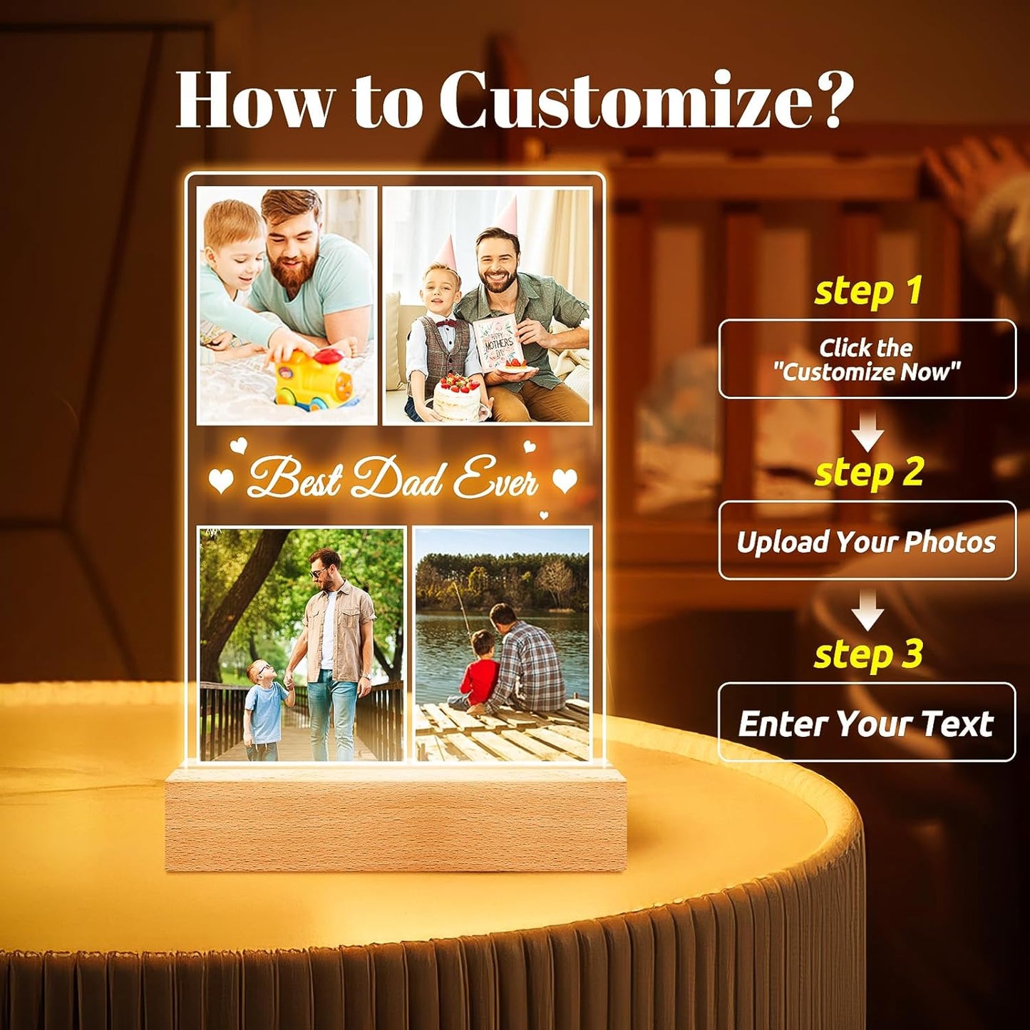 Best Dad Ever Gifts, Custom Collage Picture Frames with Night Light, Customized Acrylic Plaque Photo Frame, Personalized Birthday Photo Gifts for Dad, Baby, Kids, Family