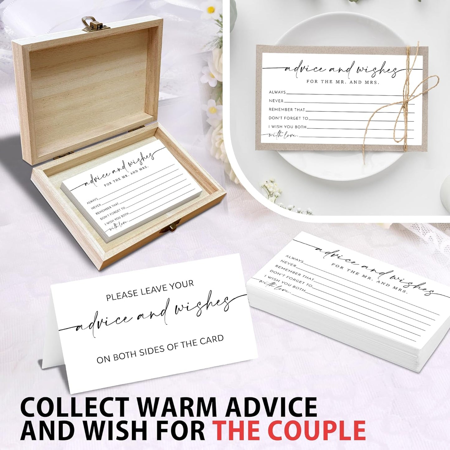 Minimalism Advice and Wishes for the Mr and Mrs - 50 Packs Wedding Advice Cards Bridal Shower Game Cards with Box Reception Guest Book for Bride Groom Newlywed Engagement Party Decoration -A03