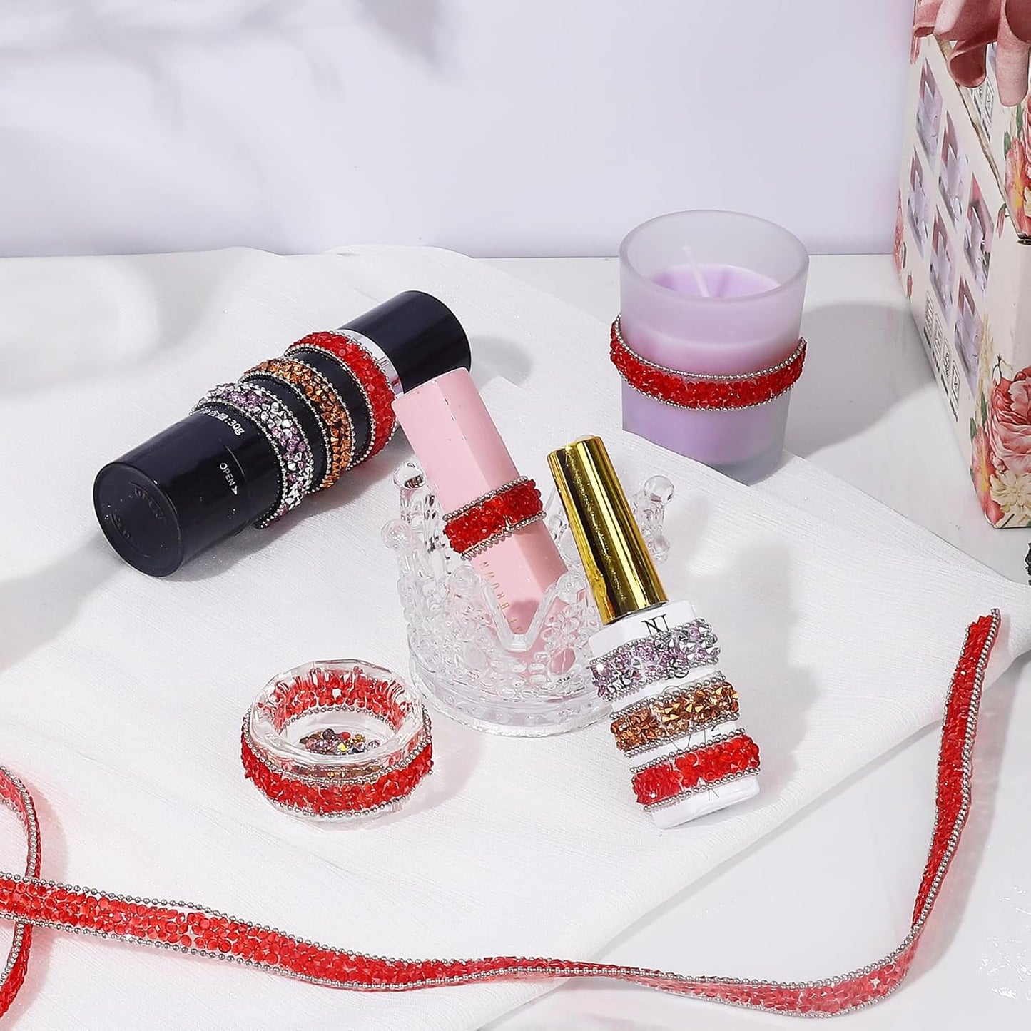 Rhinestone Ribbon 3 Yards Self Adhesive Rhinestone Strips Diamond Ribbon Sticker Crystal Roll Glitter Bling Rhinestones Tape for Crafting DIY Art Decoration (Red,0.4 Inch)