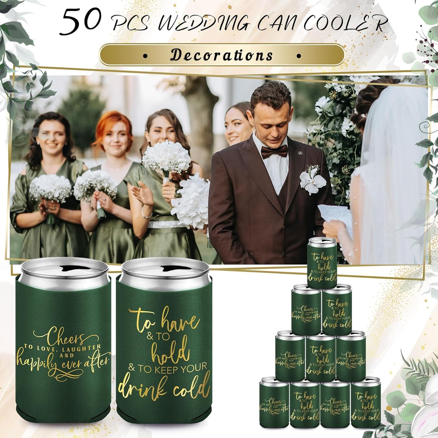 50 Pieces Wedding Can Cooler Bulk Engagement Party Favors for Guests Cheers to Love Laughter and Happily Ever After Rehearsal Dinner Decorations for Wedding Bridal(Army Green,Cute)