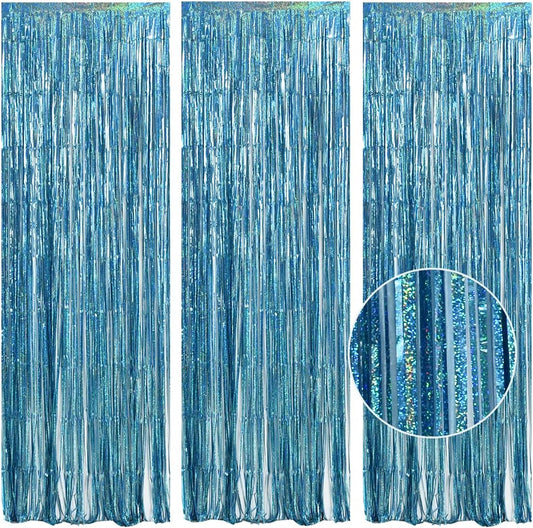 TONIFUL 3Pcs Laser Light Blue Door Streamers,Laser Blue Photo Booth Backdrop Metallic Streamers Blue Foil Fringe Curtains for Birthday,Christmas,New Year,Bachelorette,Grad Party Decor(9.9ft x 6.6ft)
