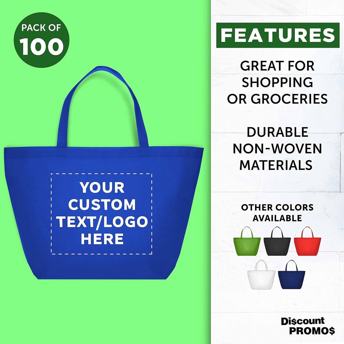 DISCOUNT PROMOS Custom Southern Style Grocery Tote Bags Set of 100 - Personalized Bulk Pack, Reusable Grocery & Shopping Bags - Great for Travel, Carry on Bag, Business Promotions - Blue - 20"X13"X8"