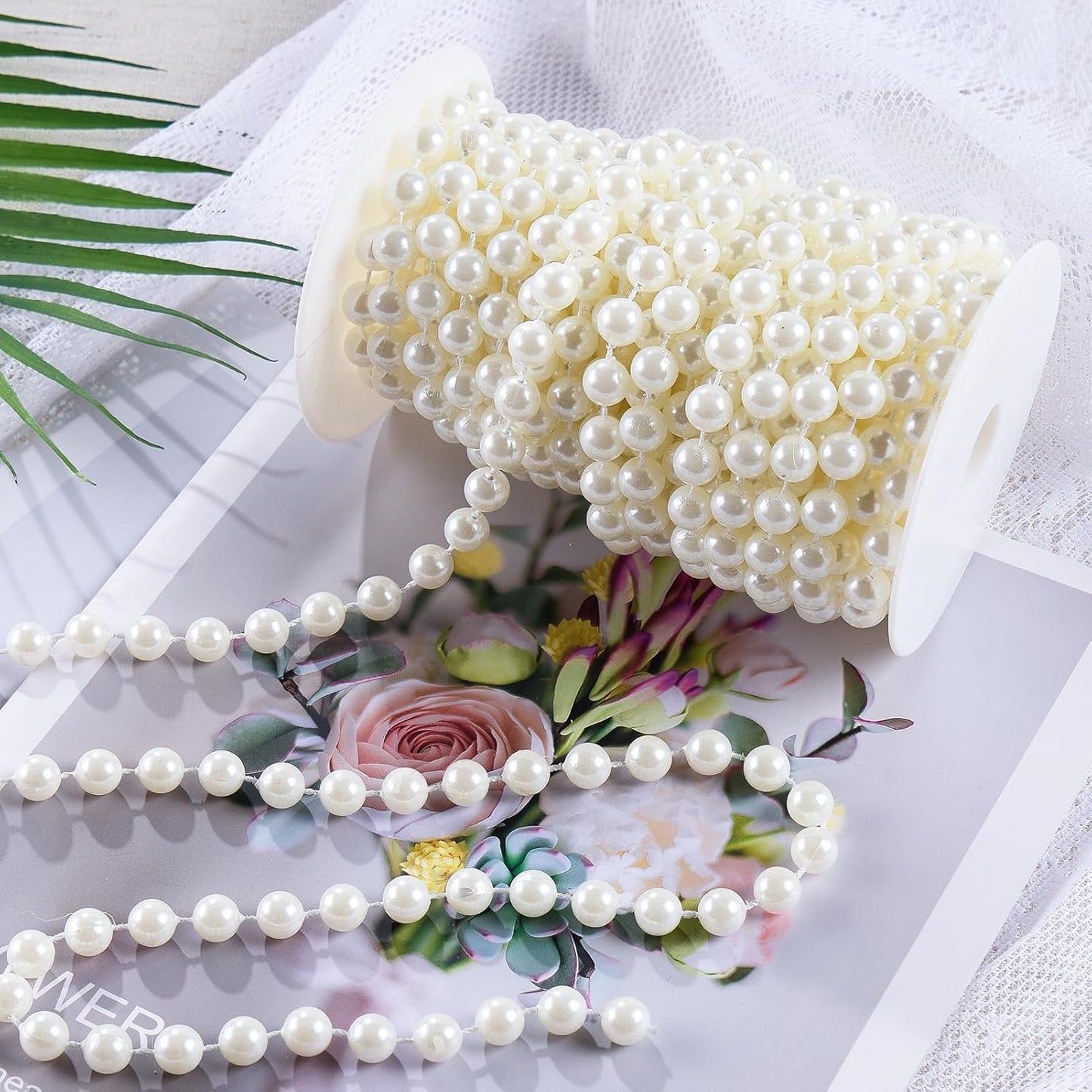 Pearls String Beads 33 Feet Faux Pearls Roll for Crafting Christmas Tree Garland Flowers DIY Wedding Party Centerpiece Party Jewelry Decoration (10mm Ivory)