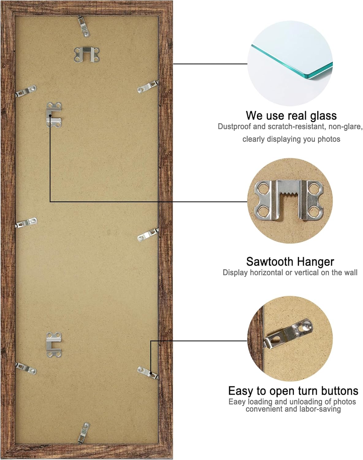 8x24 Picture Frame 2 Pack, Rustic Brown Wood Frame with Tempered Glass, Display Pictures Multiple Five 4x6 With Mat or 8 x 24 Without Mat - Horizontal or Vertical Wall Mounting