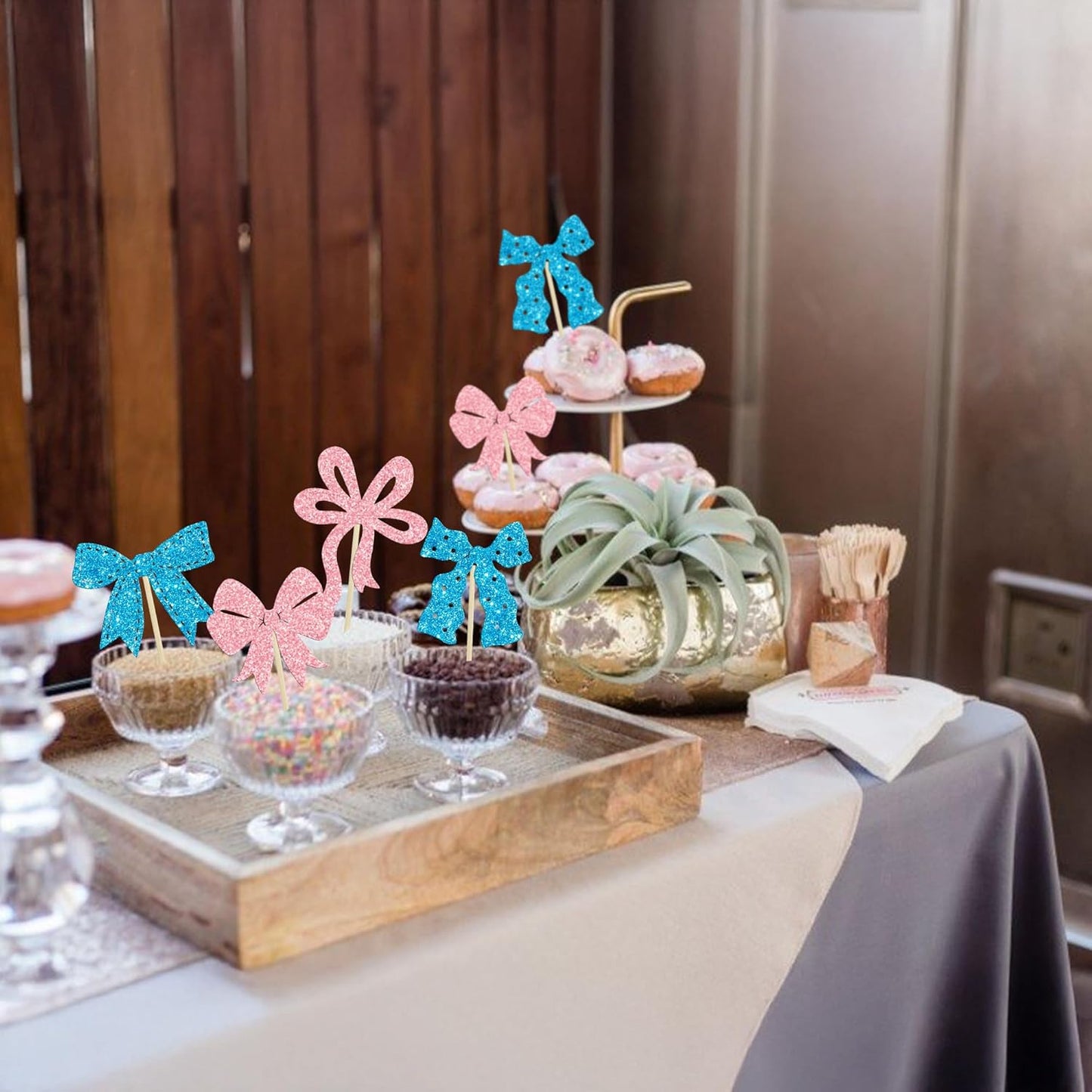 Ephlyn 24Pcs Pink Bow Cupcake Toppers Bow Birthday Cake Topper Girls Birthday Party Decorations Bowknot Cupcake Decorations for Bridal Baby Shower Birthday Wedding Themed Party Pink Blue